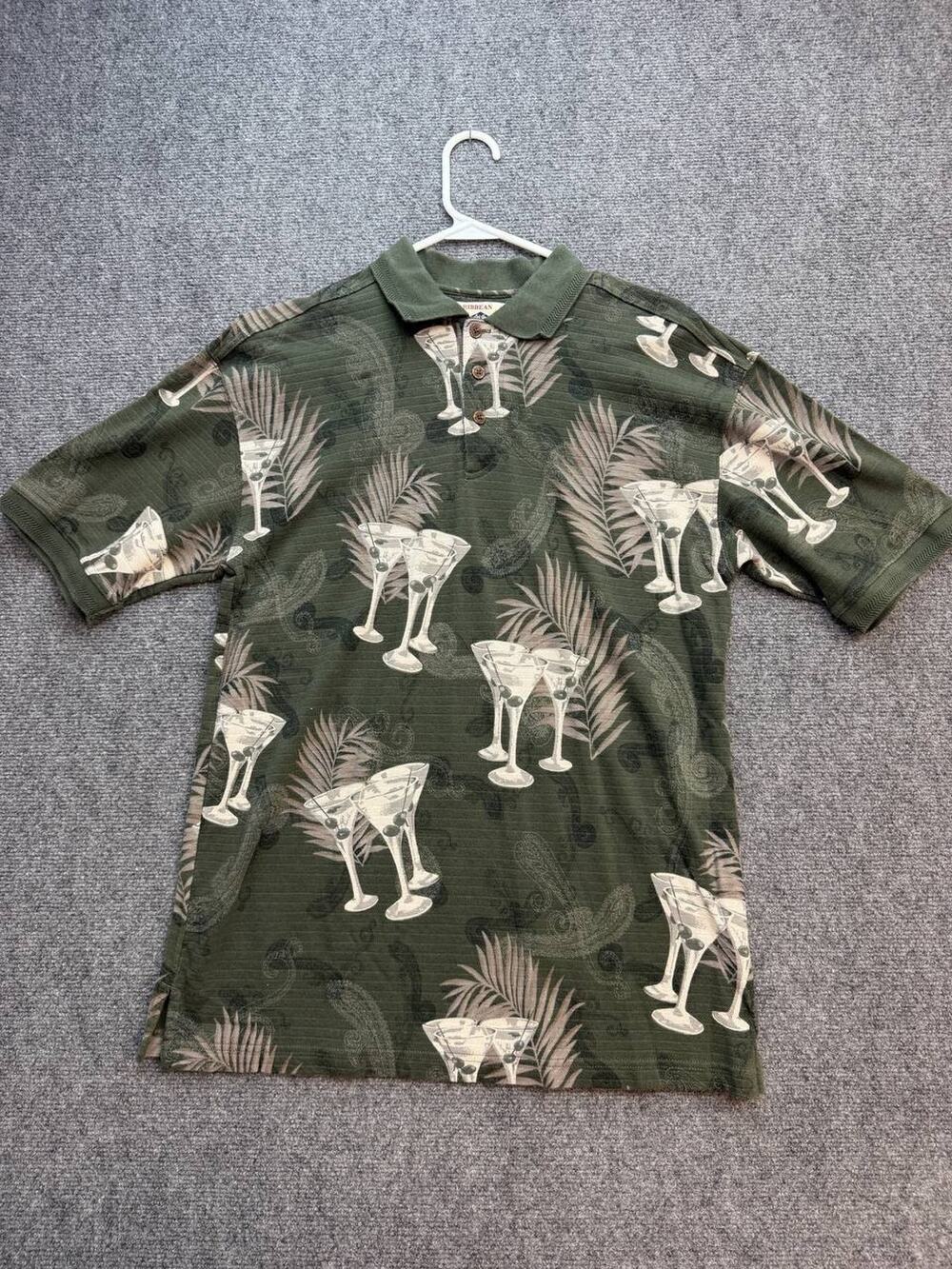 Caribbean Joe Mens S Green Martini Glass Print Polo Shirt Cotton Rayon